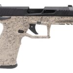 Side view of a modern semi-automatic pistol with a tan cracked-pattern grip and black slide.
