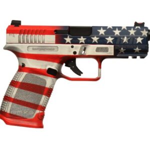 Semi-automatic pistol with a red, white, and blue American flag pattern, shown in side view.