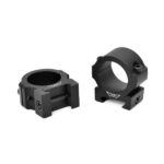 Pair of black scope rings with screws, shown from two angles for mounting a cylindrical optic to a rail.