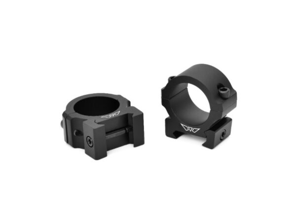 Pair of black scope rings with screws, shown from two angles for mounting a cylindrical optic to a rail.