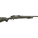 Camouflage-pattern bolt-action rifle with long barrel on a white background, side view