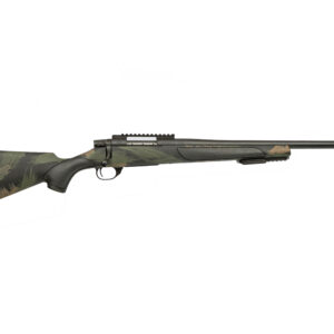 Camouflage-pattern bolt-action rifle with long barrel on a white background, side view