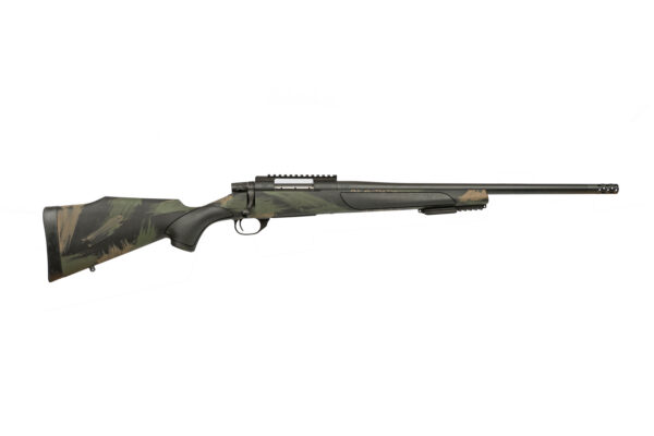 Camouflage-pattern bolt-action rifle with long barrel on a white background, side view