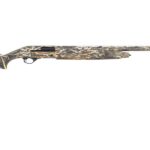 Camouflage-pattern hunting rifle with a long barrel and padded stock, shown from the side.