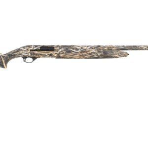 Camouflage-pattern hunting rifle with a long barrel and padded stock, shown from the side.