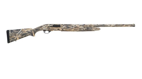 Camouflage-pattern hunting rifle with a long barrel and padded stock, shown from the side.