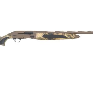 Camouflage-pattern bolt-action hunting shotgun with a long brown barrel and stock laid horizontally to the right.