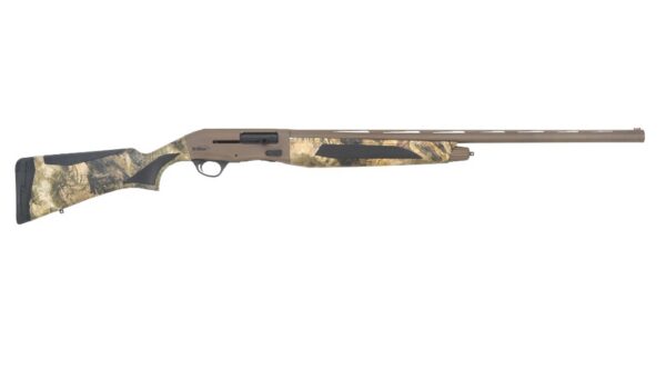 Camouflage-pattern bolt-action hunting shotgun with a long brown barrel and stock laid horizontally to the right.