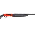 Red and black pump-action shotgun with a long rifled barrel and ergonomic buttstock shown in profile. Connects a bright red receiver to a black textured fore-end and stock.