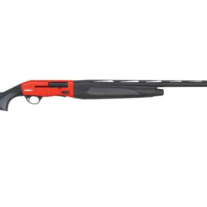 Red and black pump-action shotgun with a long rifled barrel and ergonomic buttstock shown in profile. Connects a bright red receiver to a black textured fore-end and stock.