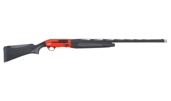 Red and black pump-action shotgun with a long rifled barrel and ergonomic buttstock shown in profile. Connects a bright red receiver to a black textured fore-end and stock.