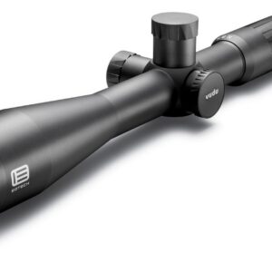 Black rifle scope with large objective lens and multiple adjustment dials, logo visible on the side