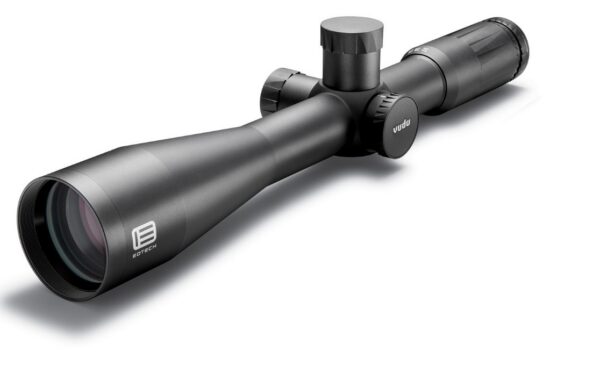 Black rifle scope with large objective lens and multiple adjustment dials, logo visible on the side