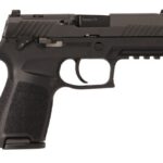 Black SIG Sauer semi-automatic pistol shown in profile with textured grip and accessory rail on the top side.