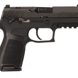 Black SIG Sauer semi-automatic pistol shown in profile with textured grip and accessory rail on the top side.