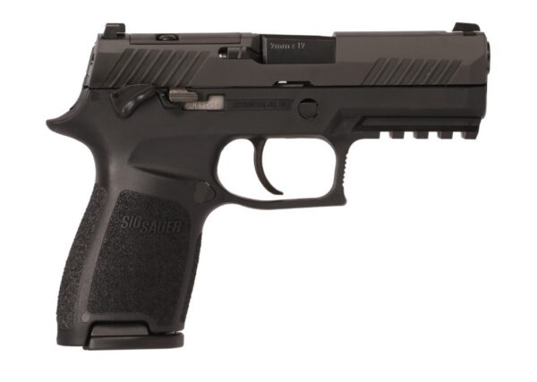 Black SIG Sauer semi-automatic pistol shown in profile with textured grip and accessory rail on the top side.
