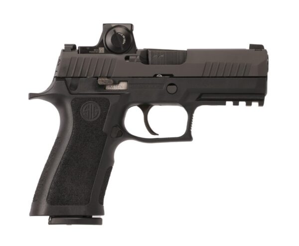Black semi-automatic pistol shown in profile with a mounted optic on top and textured grip, left-side view