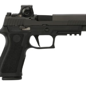 Side view of a black semi-automatic pistol with a mounted optic and accessory rail on the top.