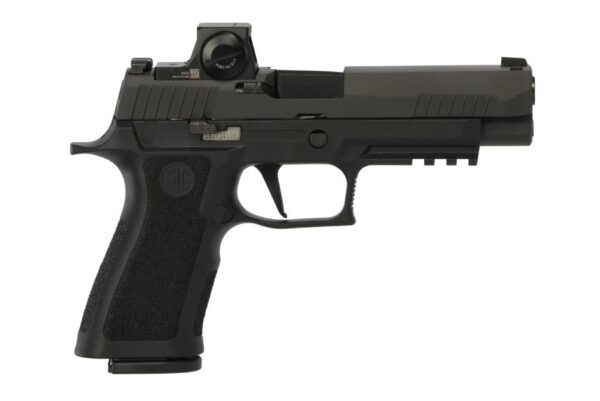 Side view of a black semi-automatic pistol with a mounted optic and accessory rail on the top.