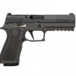 Left-side profile of a gray semi-automatic handgun (9mm) with textured grip and accessory rail.