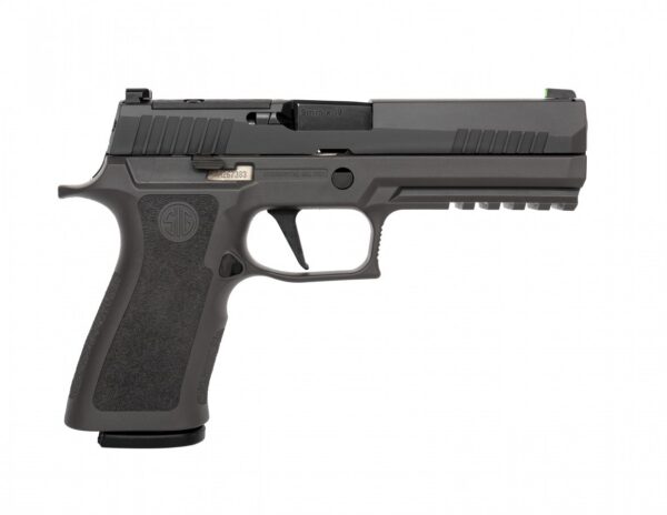 Left-side profile of a gray semi-automatic handgun (9mm) with textured grip and accessory rail.