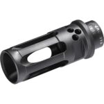 Black SureFire WarComp rifle muzzle device with vented holes and a cylindrical body.