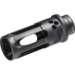 Black SureFire WarComp rifle muzzle device with vented holes and a cylindrical body.