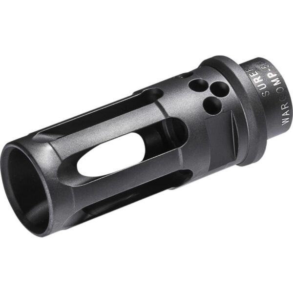 Black SureFire WarComp rifle muzzle device with vented holes and a cylindrical body.