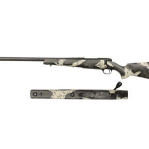 Camouflage-pattern hunting rifle with a long barrel, shown disassembled into two pieces on a white background.