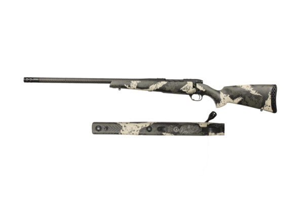 Camouflage-pattern hunting rifle with a long barrel, shown disassembled into two pieces on a white background.