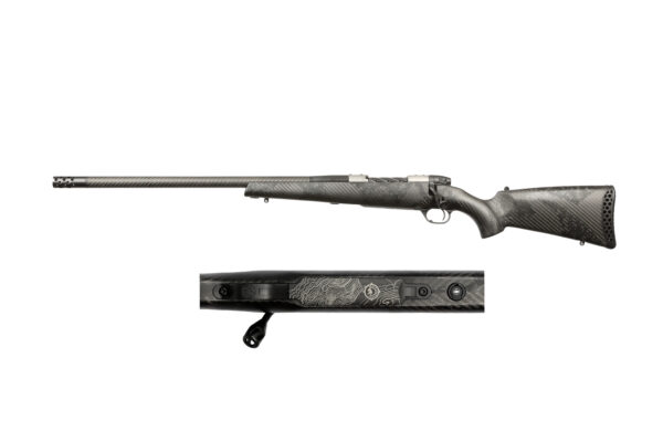 Carbon fiber–pattern bolt-action sniper rifle shown in side profile with a long barrel and textured stock on a white background, displayed in two joined pieces