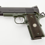 Semi-automatic pistol with green frame and checkered brown grip, Wilson Combat branding on the slide.
