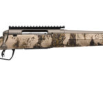 Bolt-action rifle with tan camouflage stock and long brown barrel, shown in profile.