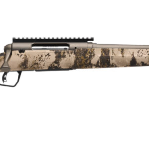 Bolt-action rifle with tan camouflage stock and long brown barrel, shown in profile.