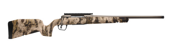 Bolt-action rifle with tan camouflage stock and long brown barrel, shown in profile.