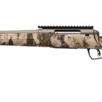 Bolt-action hunting rifle with a desert camouflage stock and long brown barrel, shown in profile from the left side