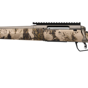 Bolt-action hunting rifle with a desert camouflage stock and long brown barrel, shown in profile from the left side