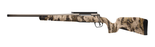 Bolt-action hunting rifle with a desert camouflage stock and long brown barrel, shown in profile from the left side