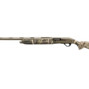 Camouflage-pattern pump-action hunting shotgun with a long barrel and recoil pad, shown in profile from the left side.