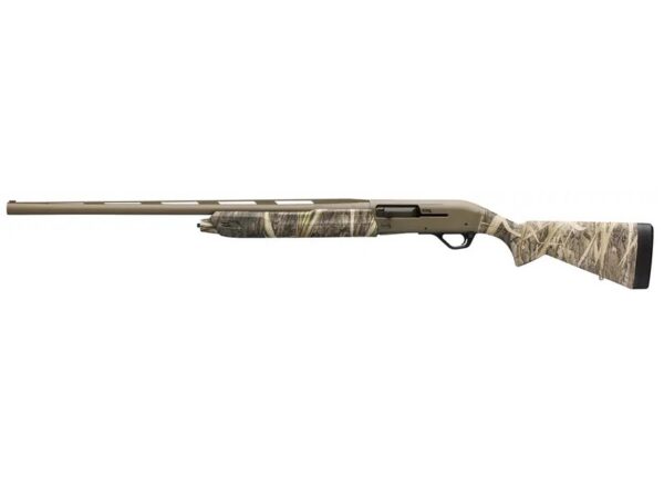 Camouflage-pattern pump-action hunting shotgun with a long barrel and recoil pad, shown in profile from the left side.