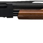 Pump-action shotgun with a wooden stock and forend, black receiver, and ventilated rib along a long black barrel.