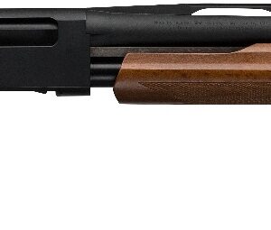 Pump-action shotgun with a wooden stock and forend, black receiver, and ventilated rib along a long black barrel.