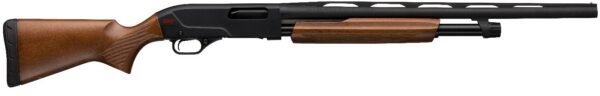 Pump-action shotgun with a wooden stock and forend, black receiver, and ventilated rib along a long black barrel.