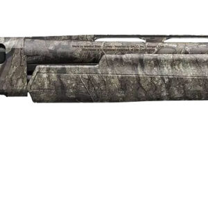 Camouflage-pattern hunting shotgun with a long barrel seen from the side and a black recoil pad at the stock end.