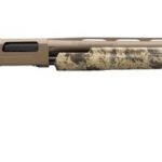 Tan camo hunting shotgun with a long barrel, collapsible for camouflage field use