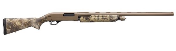 Tan camo hunting shotgun with a long barrel, collapsible for camouflage field use