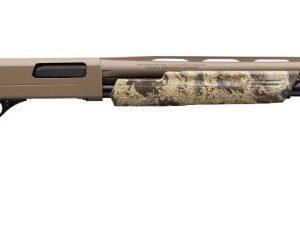 Camouflage-pattern bolt-action hunting shotgun with a long tan barrel, shown on a white background.