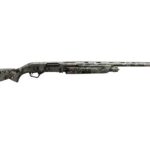Camouflage-pattern hunting rifle with a long barrel and wooden stock.