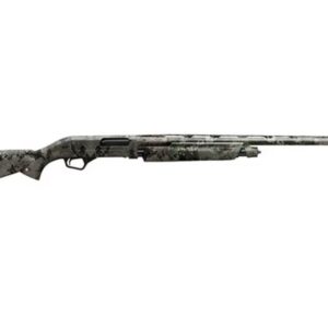 Camouflage-pattern hunting rifle with a long barrel and wooden stock.