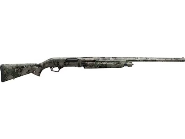Camouflage-pattern hunting rifle with a long barrel and wooden stock.